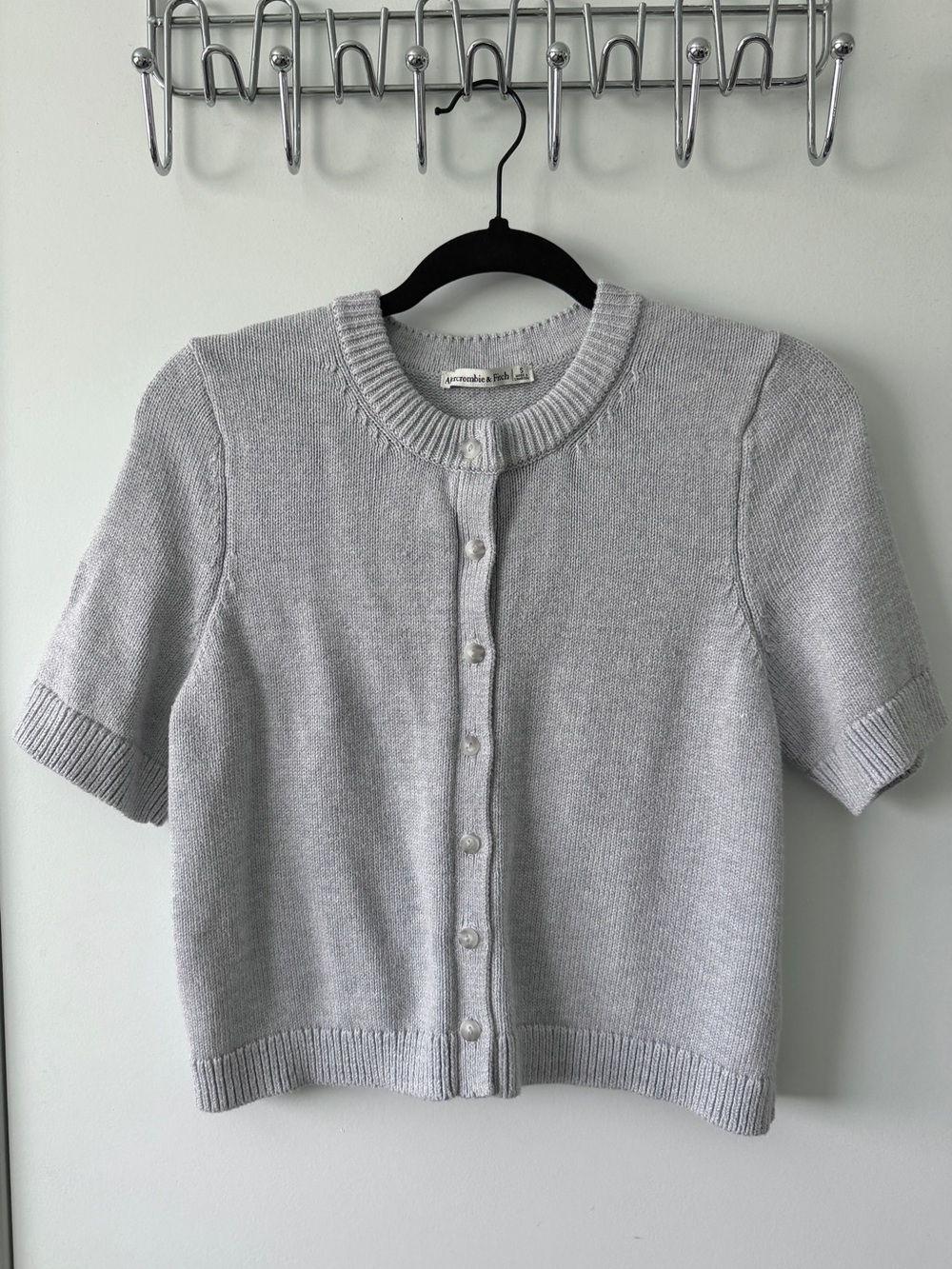 Abercrombie & Fitch Short Sleeve Crew Cardigan, Light Gray, Small